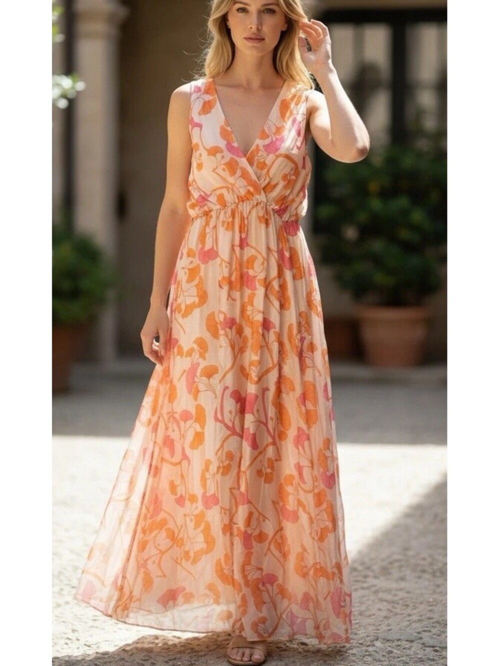 Made in Italy NWT Sz M Silk  Floral Maxi Dress Orange Pink Sleeveless [COPY]